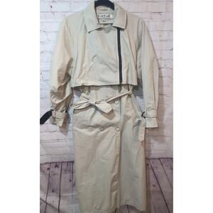 Vtg BRAEFAIR Architectural Trench Coat Cream w/ Black Contrast Zip Panel Belted